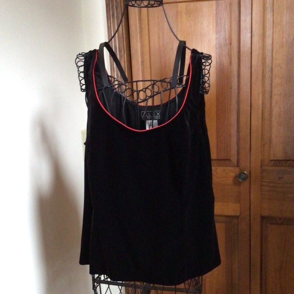 Alex Evening Black velvet top with red satin trim, XL - Picture 3 of 6